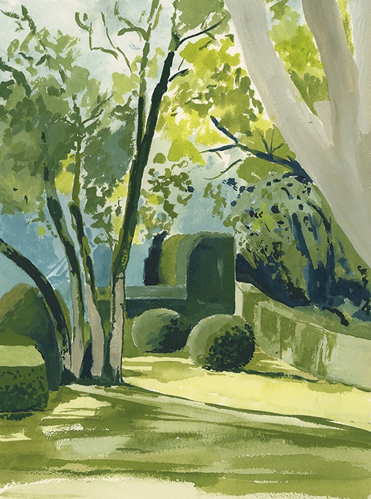 Jardin de Marquessac, paysage contemporain, peinture à la gouache