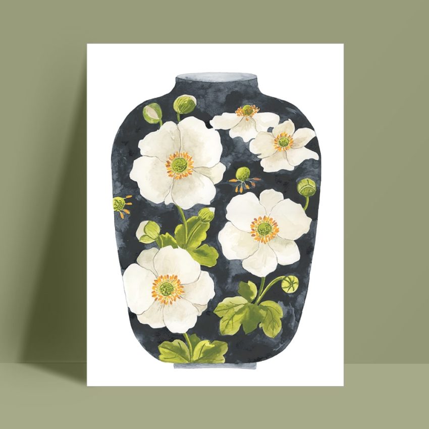 Affiche Vase Anemones sur le fond vert