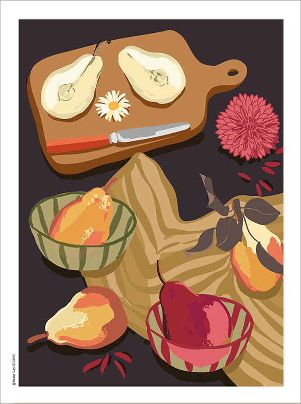 Affiche Art de la table avec des poires, ambiance sombre