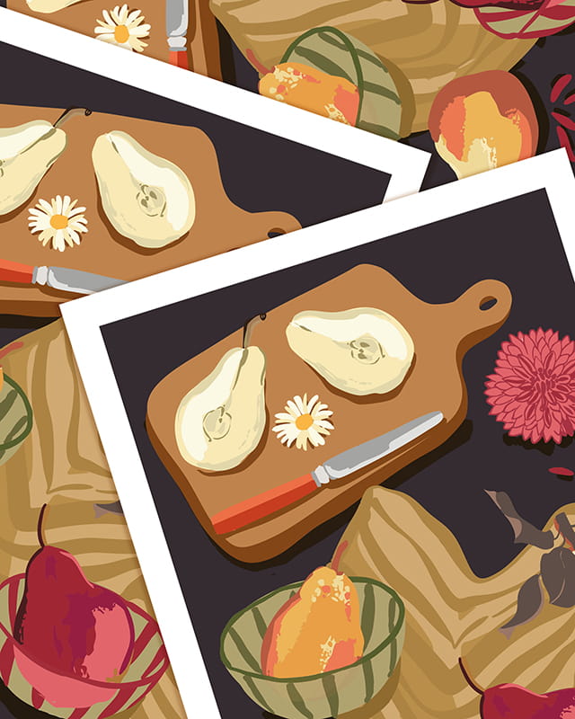 Affiche Art de la table avec des poires, ambiance sombre