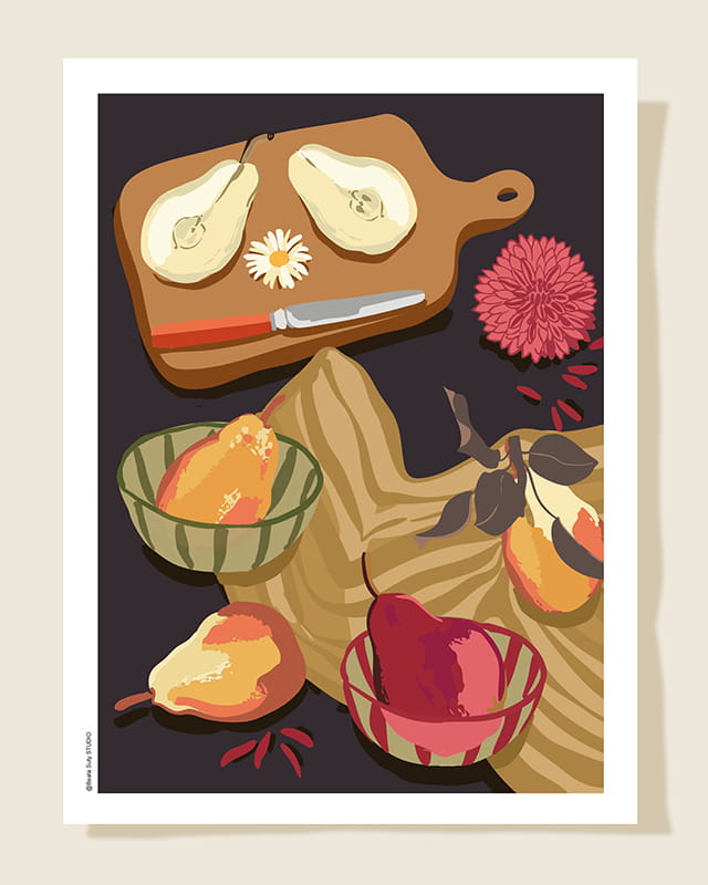 Affiche Art de la table avec des poires, ambiance sombre