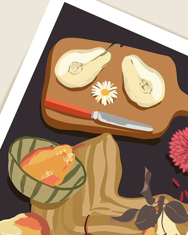 Affiche Art de la table avec des poires, ambiance sombre