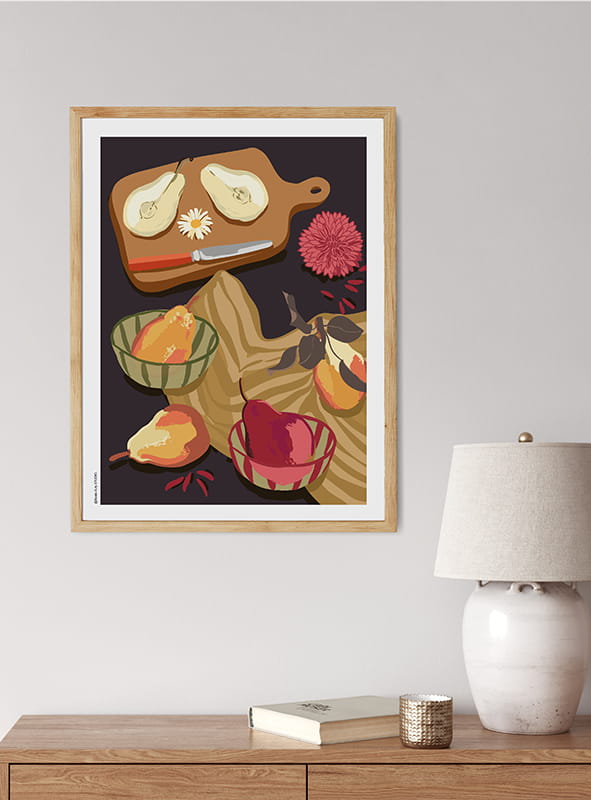 Affiche Art de la table avec des poires, ambiance sombre
