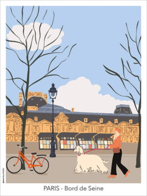 Affiche bord de Seine, Paris bouquinistes, le Louvre
